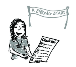 A person with long wavy hair is depicted, holding a checklist with a banner in the background stating 'A strong start'